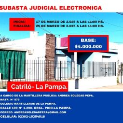 ⭕️ Subasta Judicial en Trámite, vivienda en Catrilo La Pampa.